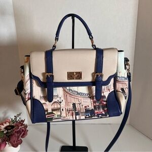 London Themed Blue & Cream colored Satchel handbag.